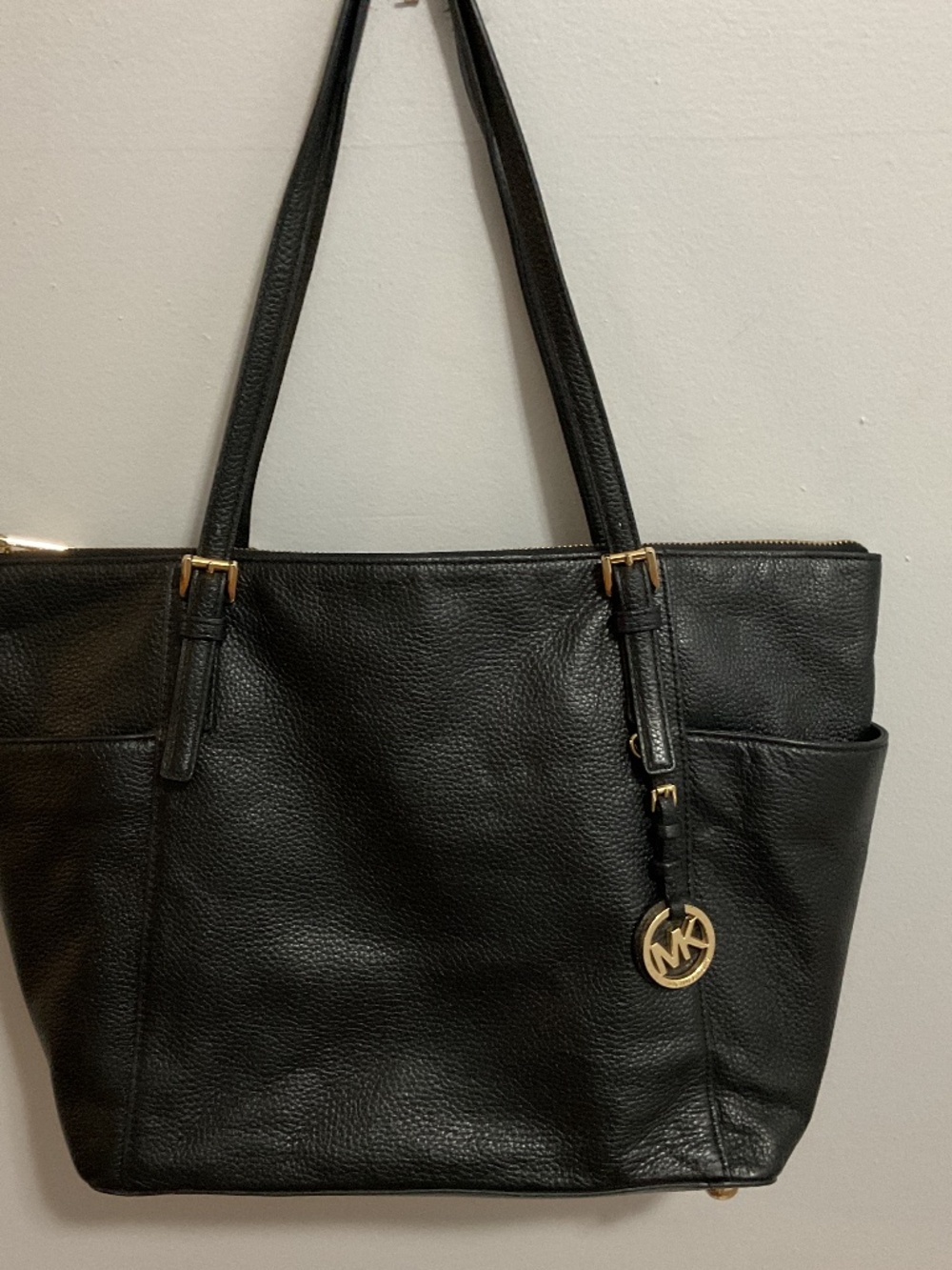 Michael Kors Jet Set Black Pebbled Leather Tote Bag, Large, Gold Hardware